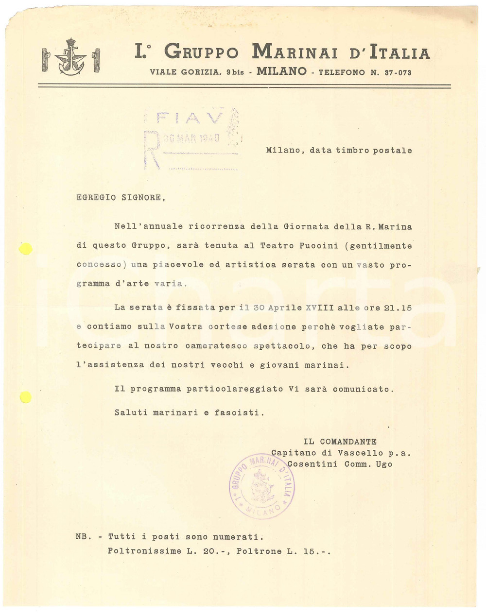 Documento originale, autentico 1940 MILANO Viale Gorizia  I Gruppo Marinai d Italia  Lettera serata d arte 1
