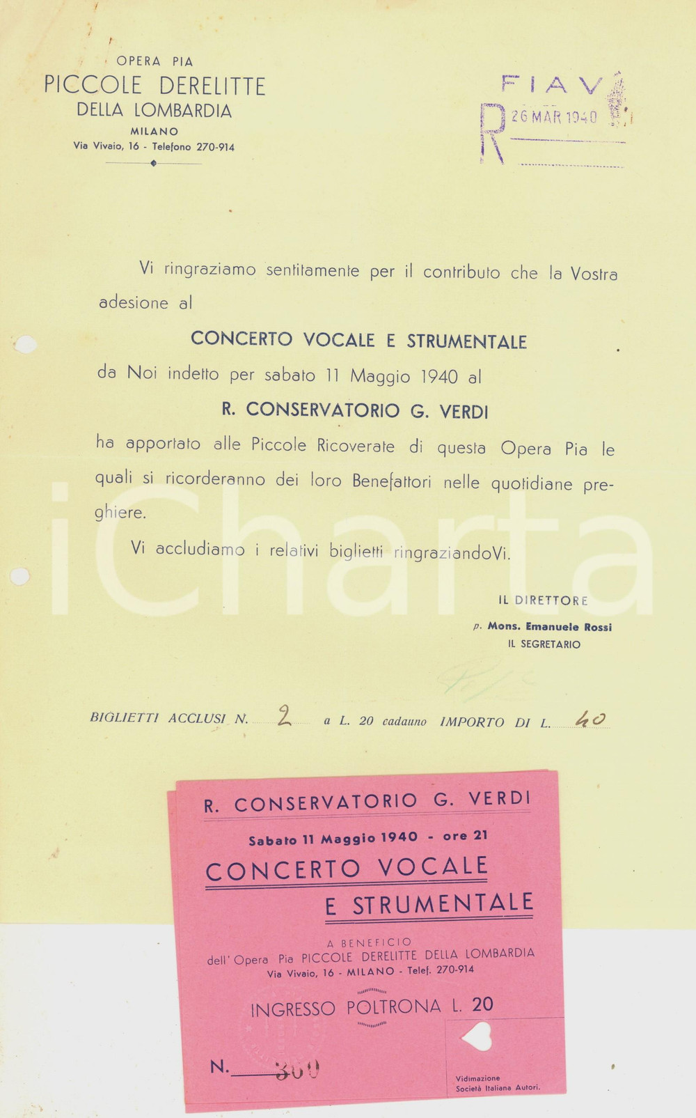 Documento originale, autentico 1940 MILANO Opera Pia Piccole Derelitte Lombardia  Lettera e biglietti concerto 1