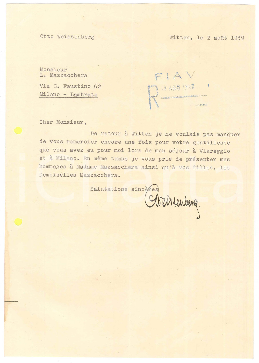 Manoscritto, lettera originale 1939 WITTEN D Lettera Otto WEISSENBERG per ringraziamento Autografo 1