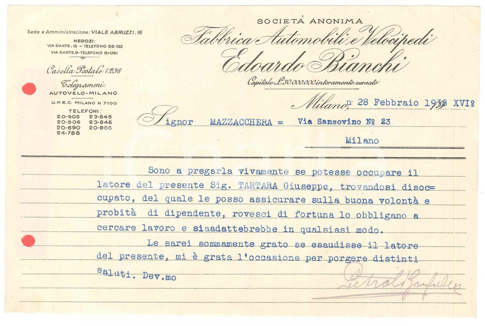 Documento originale, autentico 1938 MILANO Edoardo BIANCHI Fabbrica Automobili Velocipedi  Lettera pro operaio 1