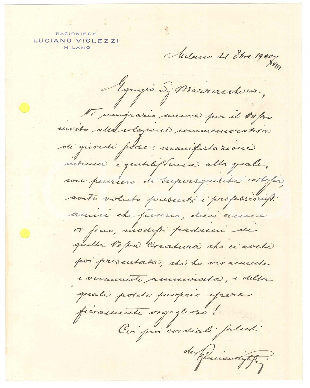Autografo originale 1940 MILANO Lettera rag. Luciano VIGLEZZI per ringraziamento Autografo 1