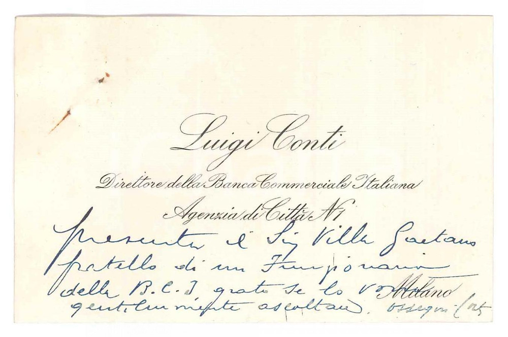 Autografo originale 1930 ca MILANO Luigi CONTI  Banca Commerciale Italiana Biglietto AUTOGRAFO 1