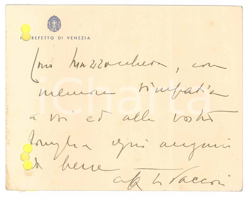 Autografo originale 1940 ca VENEZIA Prefetto Marcello VACCARI  Biglietto di auguri AUTOGRAFO 1