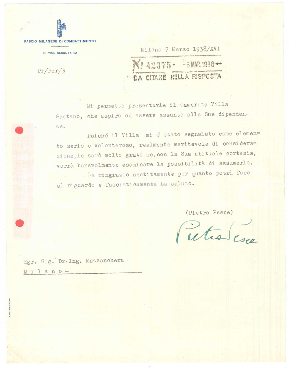 Autografo originale 1938 MILANO PNF Lettera Pietro PESCE vice segretario del Fascio Autografo 1
