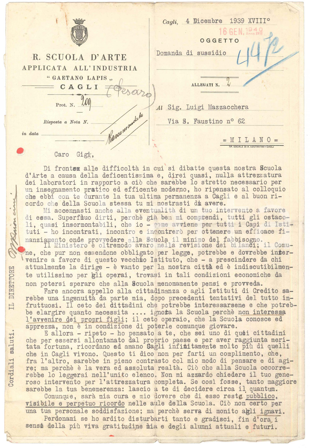 Documento originale, autentico 1939 CAGLI R. Scuola Arte Applicata  Direttore Mario PAIONCINI chiede aiuto 1