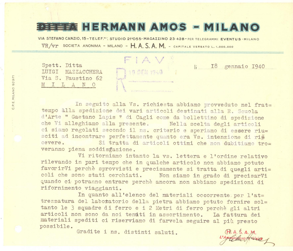 Documento originale, autentico 1940 MILANO via Canzio 15  Ditta HERMAN  AMOS  Lettera commerciale 1
