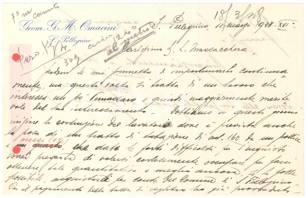 Documento originale, autentico 1938 S. PELLEGRINO TERME Lettera geom. Gian Maria OMACINI per lavori  Autografo 1