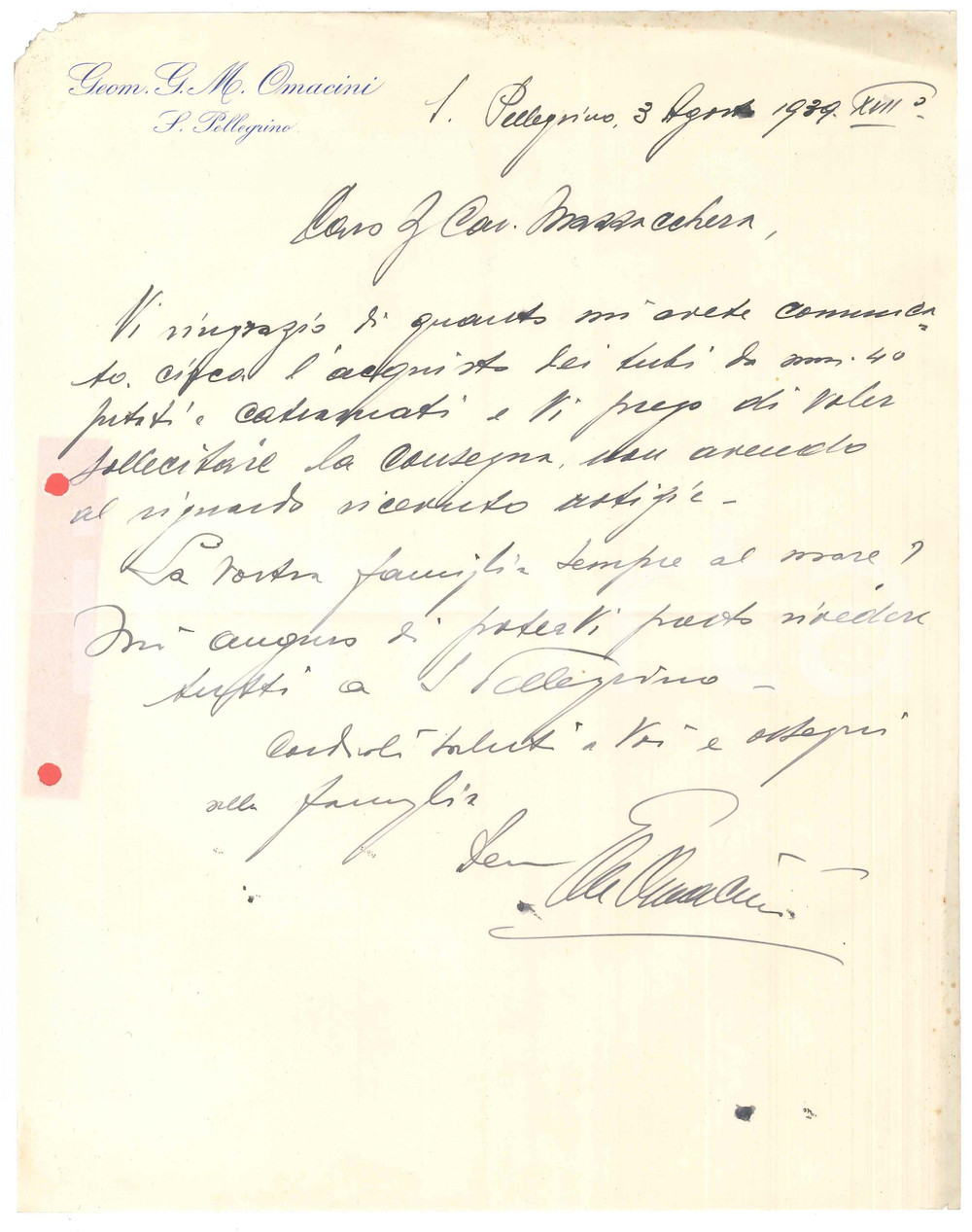 Documento originale, autentico 1939 S. PELLEGRINO TERME Lettera geom. Gian Maria OMACINI per tubi  Autografo 1