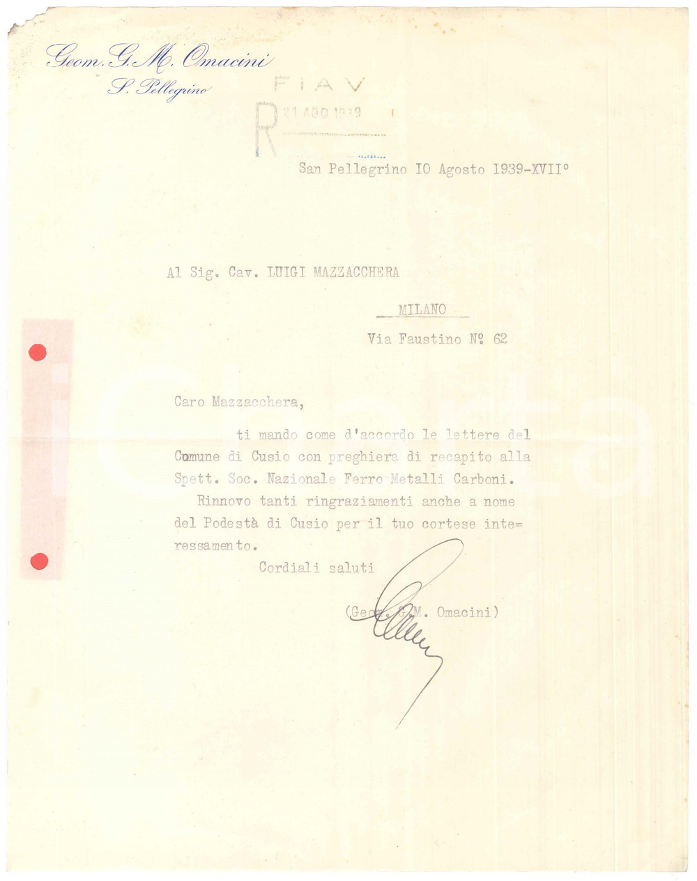 Documento originale, autentico 1939 S. PELLEGRINO TERME Lettera geom. Gian Maria OMACINI  Autografo 1