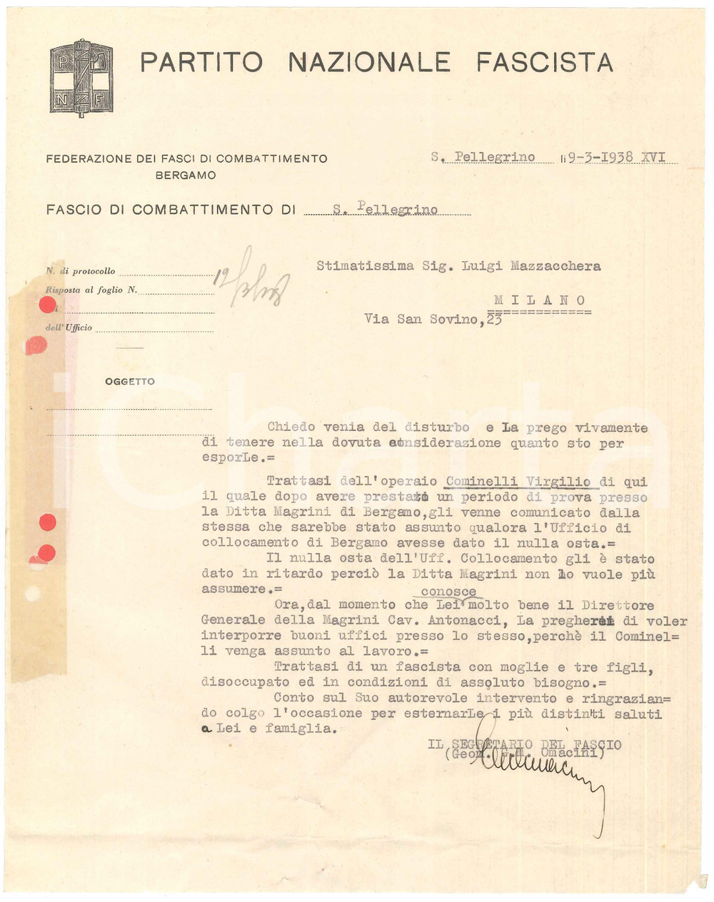 Documento originale, autentico 1938 PNF S. PELLEGRINO Lettera Gian Maria OMACINI pro operaio Autografo 1