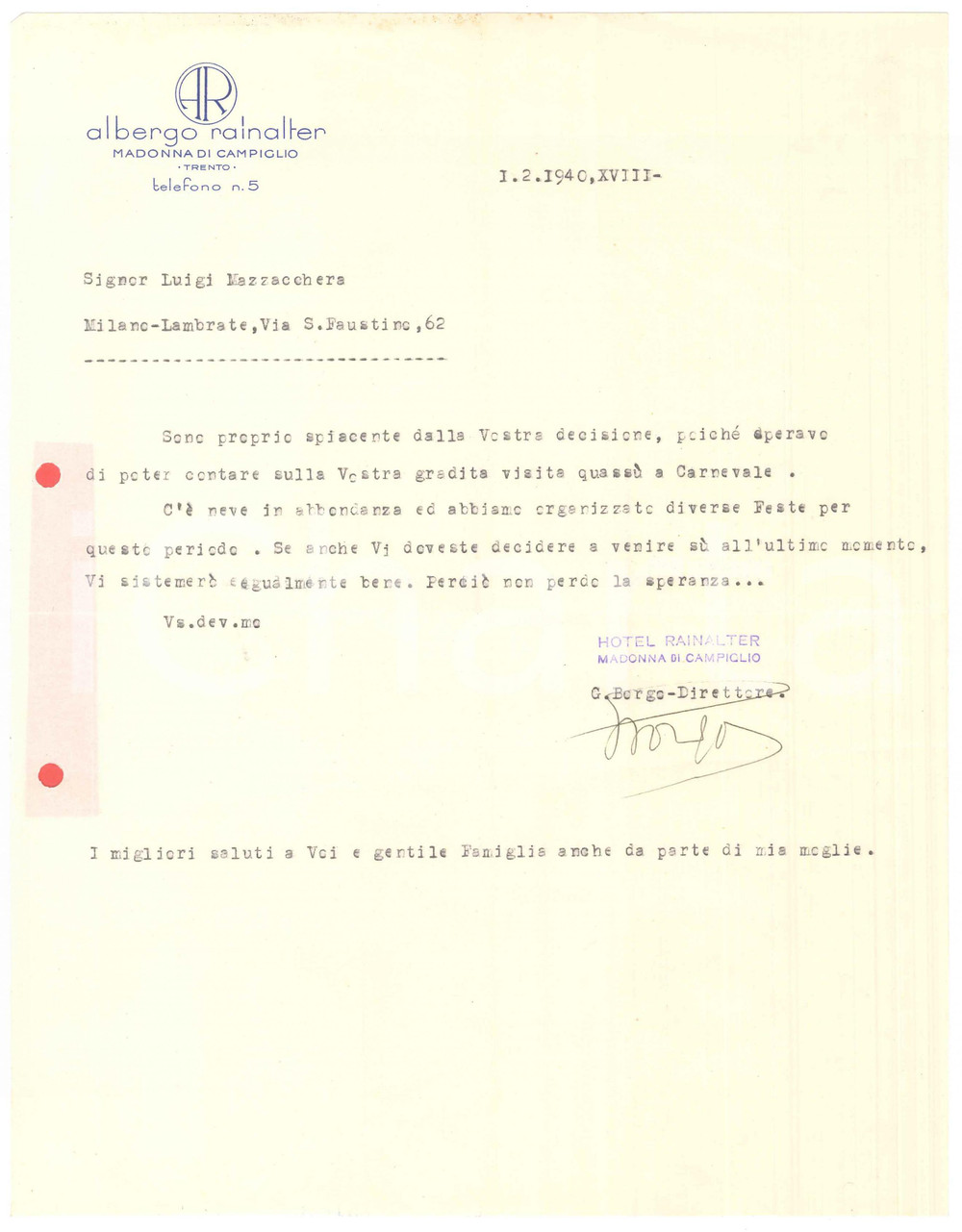 Manoscritto, lettera originale 1940 MADONNA DI CAMPIGLIO TN Albergo RAINALTER   Lettera per sigarette 1