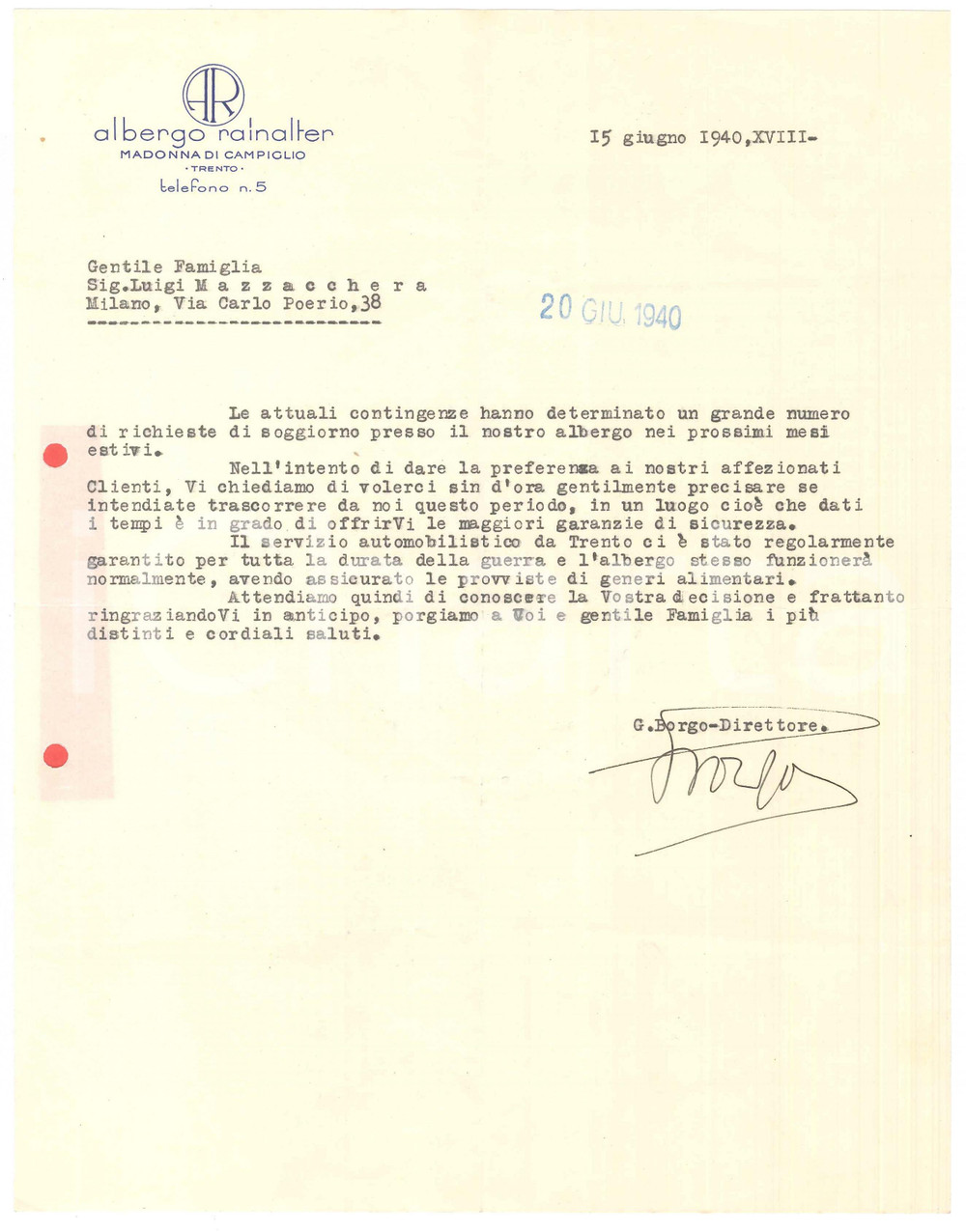 Manoscritto, lettera originale 1940 MADONNA DI CAMPIGLIO TN Albergo RAINALTER  Prenotazioni in guerra 1