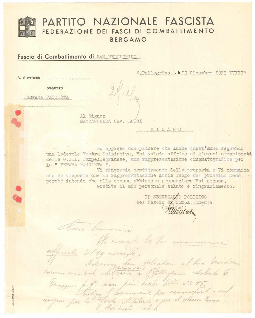 Documento originale, autentico 1939 PNF S. PELLEGRINO Lettera Gian Maria OMACINI per Befana fascista Autografo 1