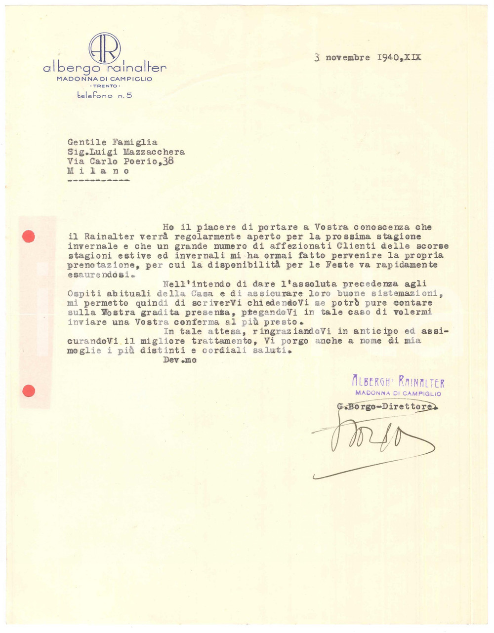 Manoscritto, lettera originale 1940 MADONNA DI CAMPIGLIO TN Albergo RAINALTER  Lettera ai clienti 1