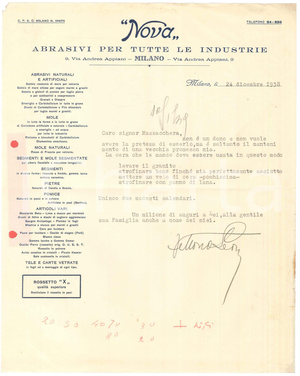 Manoscritto, lettera originale 1938  MILANO Via Appiani  NOVA Abrasivi  Lettera per cera in dono 1