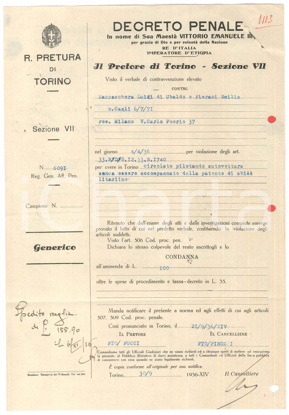 Autografo originale 1936 TORINO Multa a Luigi MAZZACCHERA per guida senza patente  Decreto 1