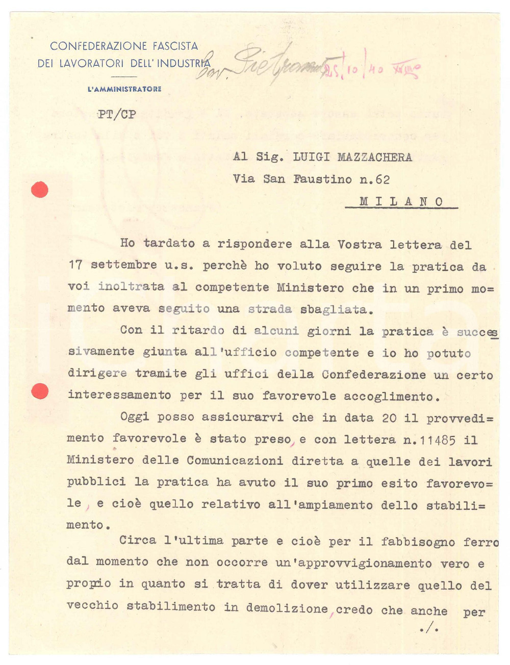 Autografo originale 1940 CFLI Lettera Francesco PIETRASANTA su fabbisogno ferro  Autografo 1