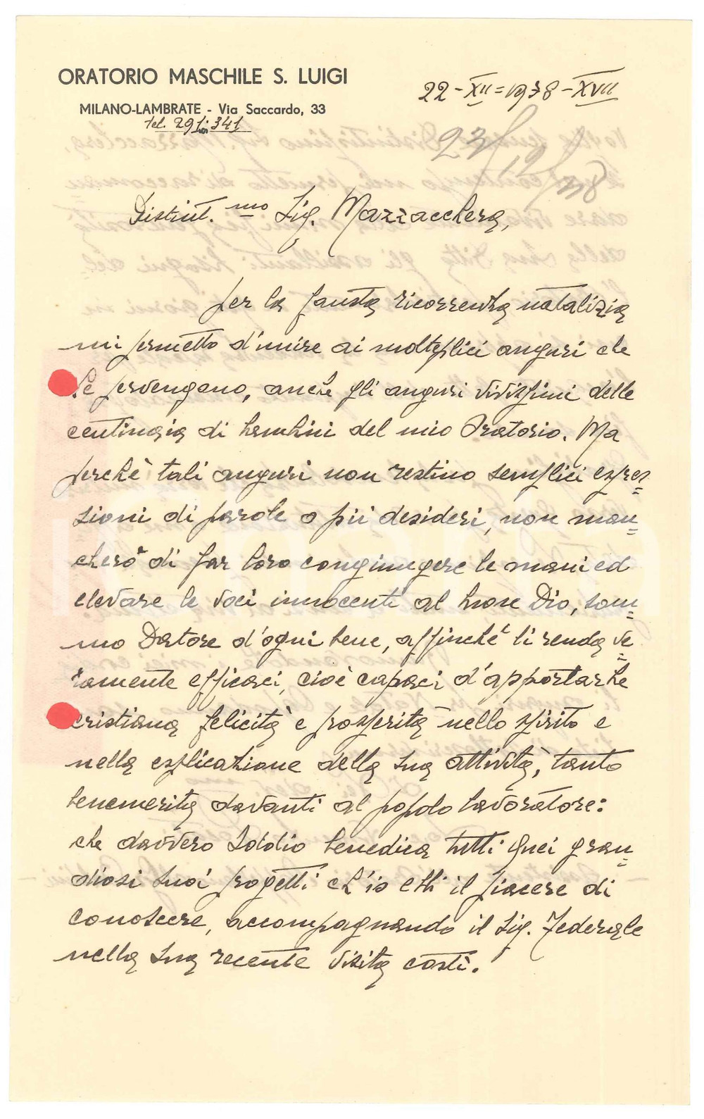 Autografo originale 1938 MILANO LAMBRATE Don Vincenzo LOCATI  Auguri a un benefattore Autografo 1