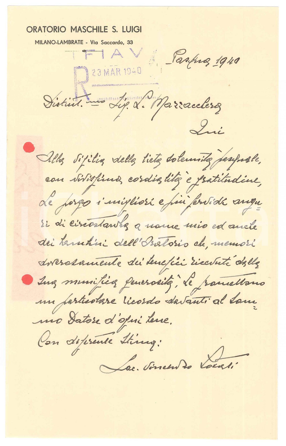 Autografo originale 1940 MILANO LAMBRATE Don Vincenzo LOCATI  Auguri di Pasqua Autografo 1