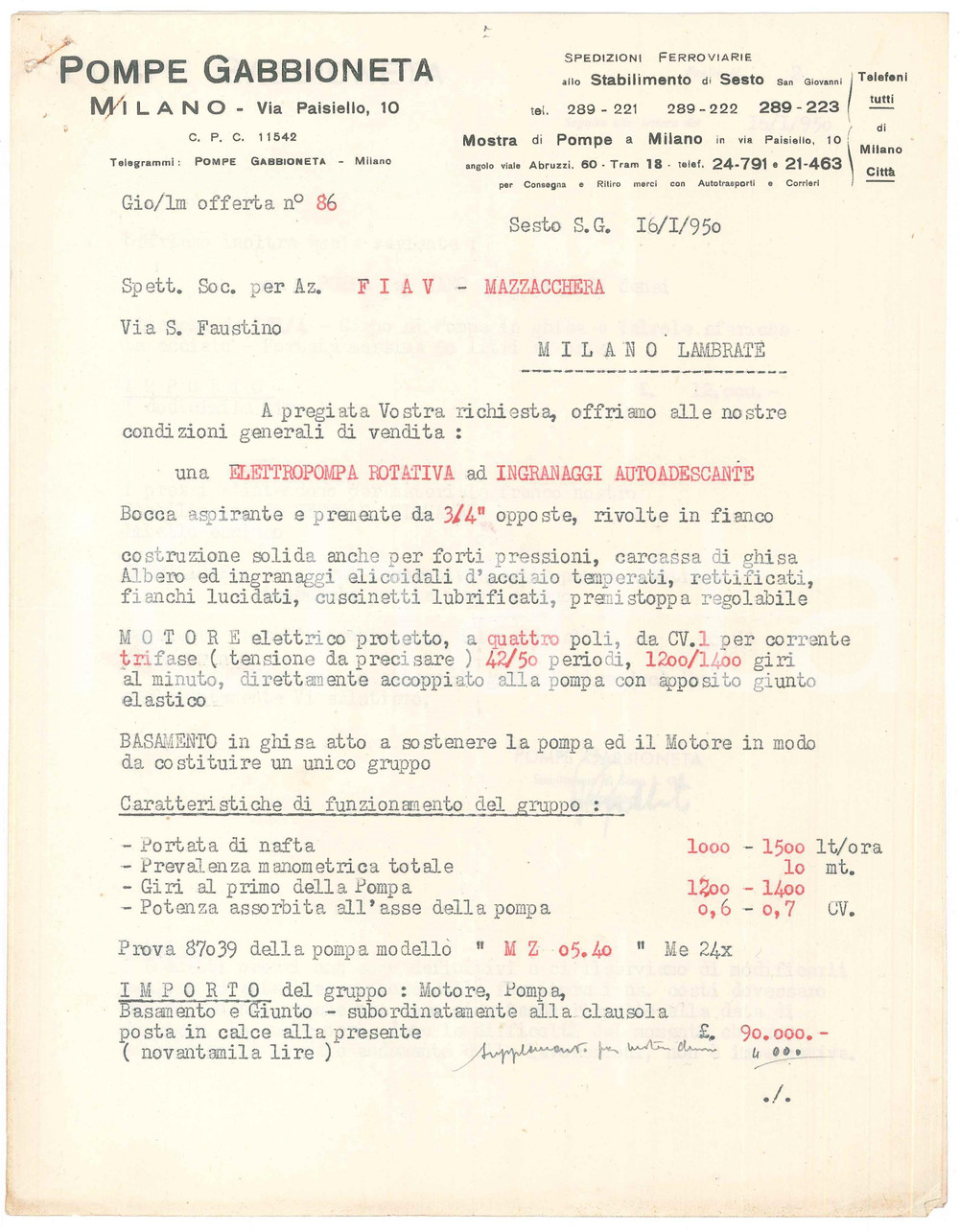 Documento originale, autentico 1950 MILANO Via Paisiello  POMPE GABBIONETA Preventivo elettropompa rotativa 1