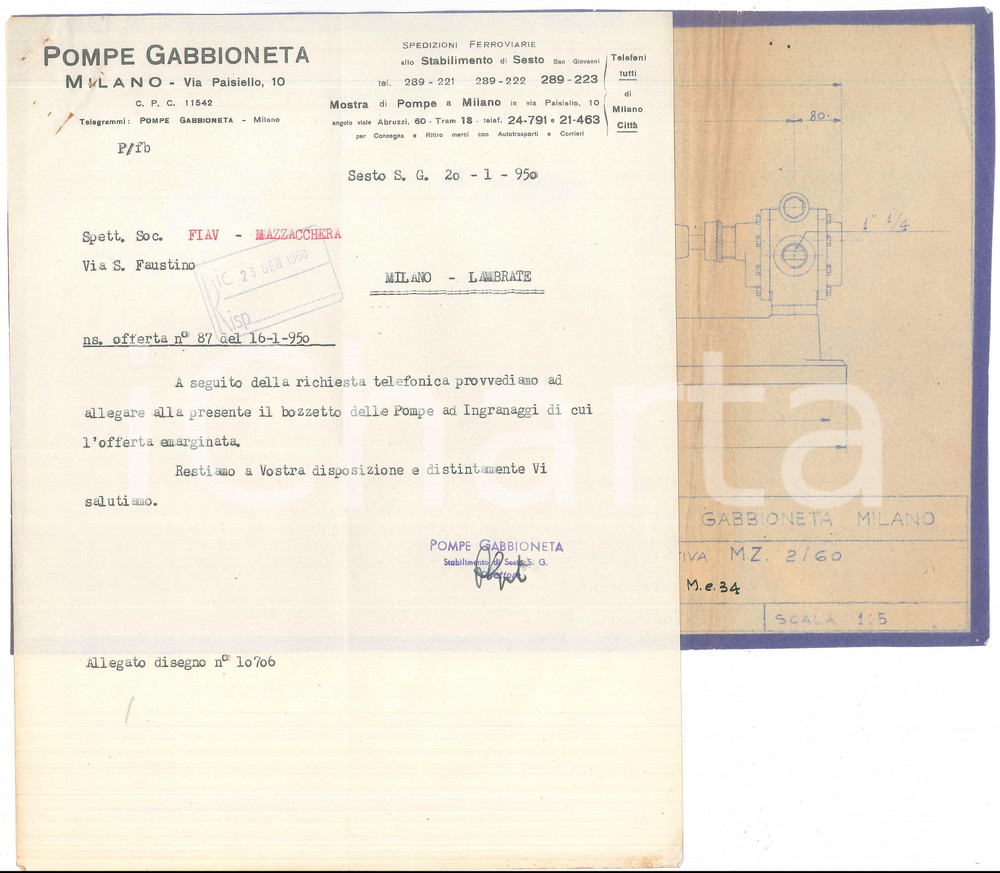 Documento originale, autentico 1950 MILANO Via Paisiello  POMPE GABBIONETA  Bozzetto pompa rotativa 1