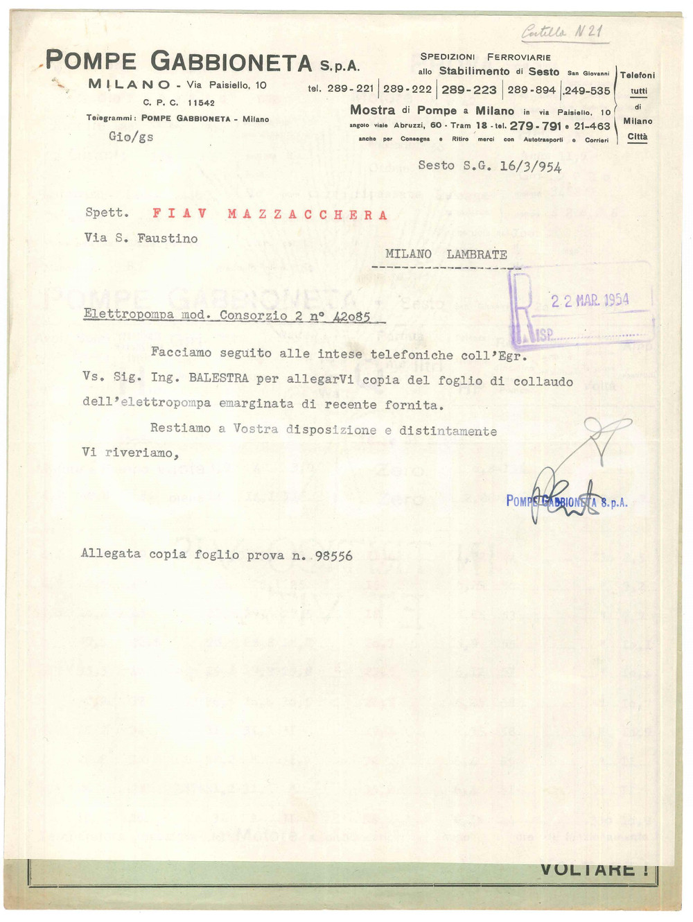 Documento originale, autentico 1954 MILANO Via Paisiello  POMPE GABBIONETA  Lettera su collaudo elettropompa 1