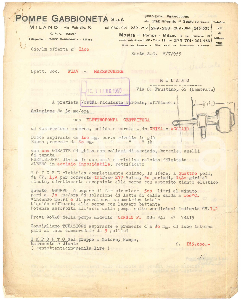 Documento originale, autentico 1955 MILANO Via Paisiello  POMPE GABBIONETA  Preventivo elettropompa 1
