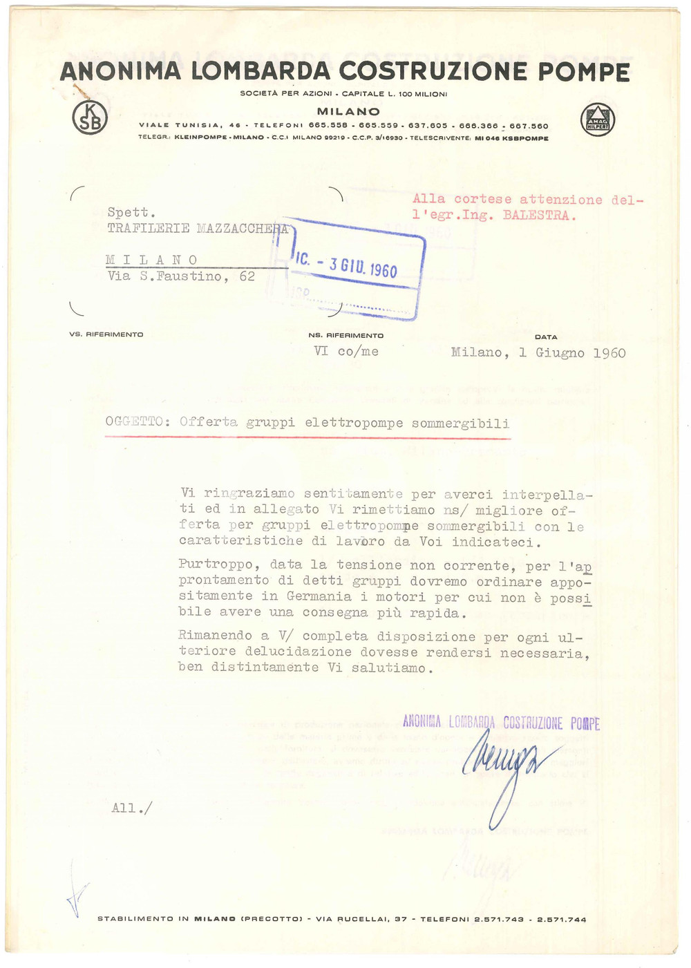 Documento originale, autentico 1960 MILANO  ANONIMA LOMBARDA COSTRUZIONE POMPE Preventivo elettropompa 21x29 1