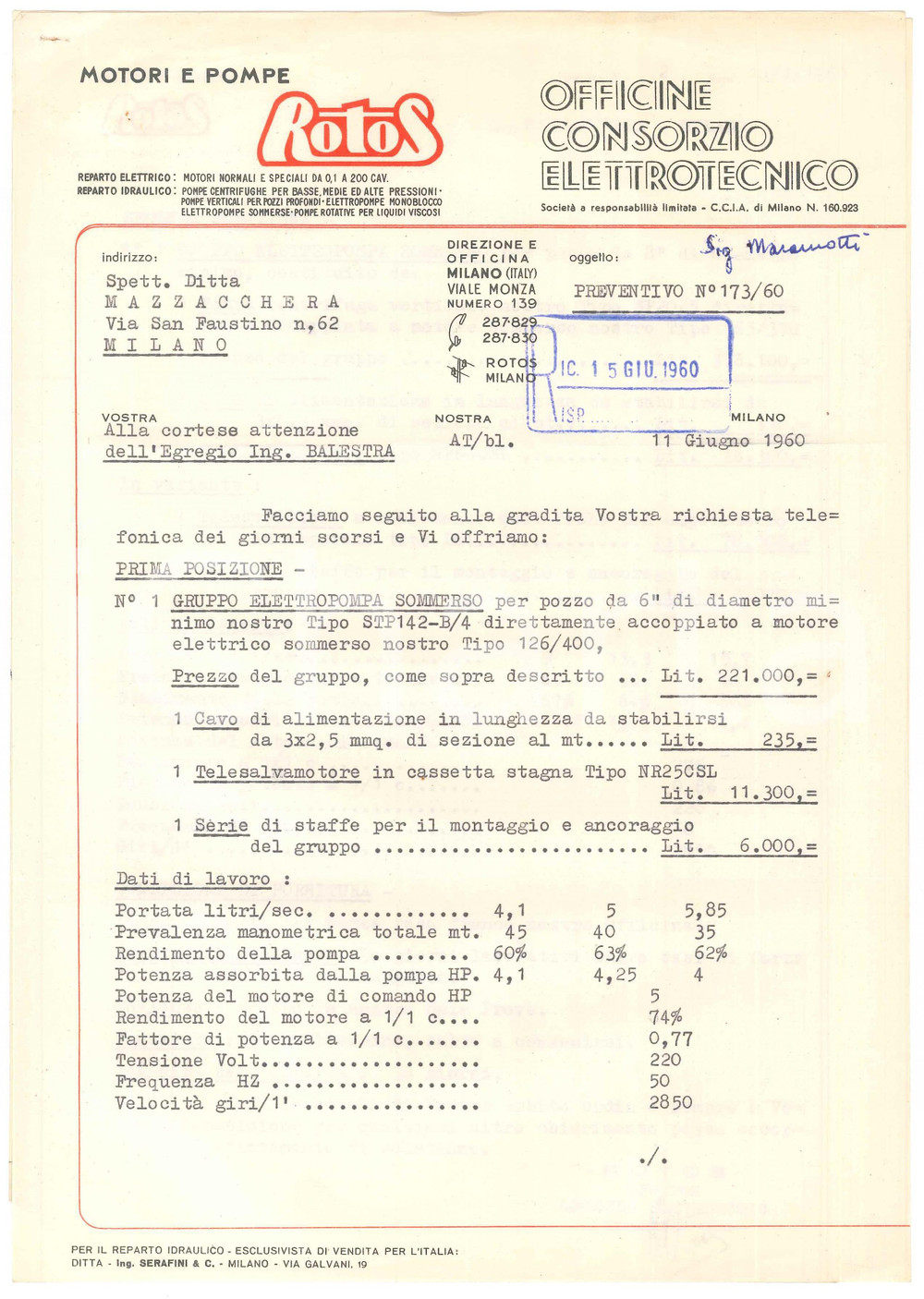 Documento originale, autentico 1960 MILANO Motori e pompe ROTOS Preventivo per elettropompa sommergibile 21x30 1