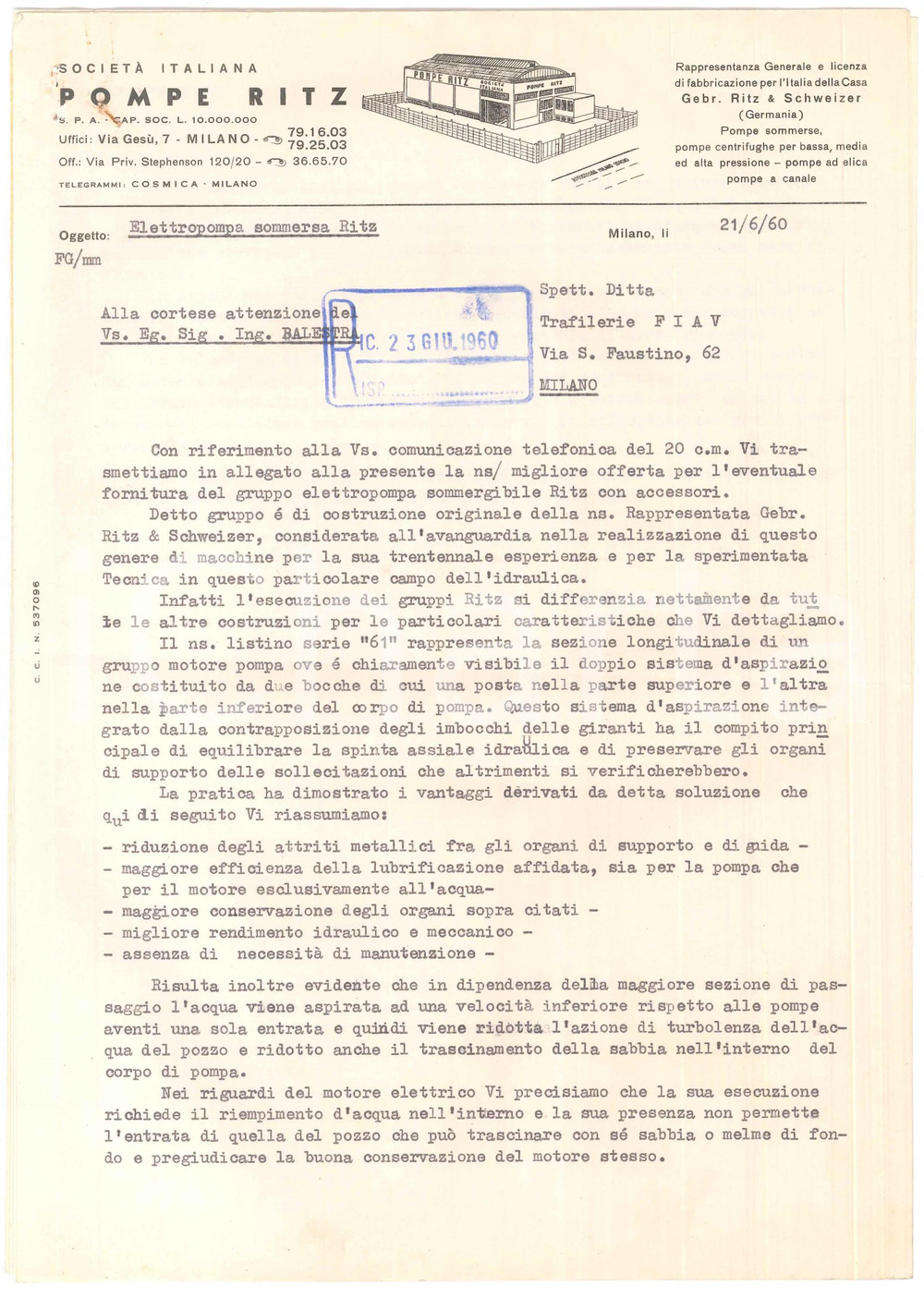Documento originale, autentico 1960 MILANO Società POMPE RITZ Preventivo per elettropompa sommergibile 21x30 cm 1