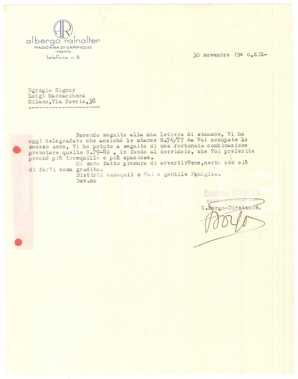 Manoscritto, lettera originale 1940 MADONNA DI CAMPIGLIO TN Albergo RAINALTER  Lettera per prenotazione 1