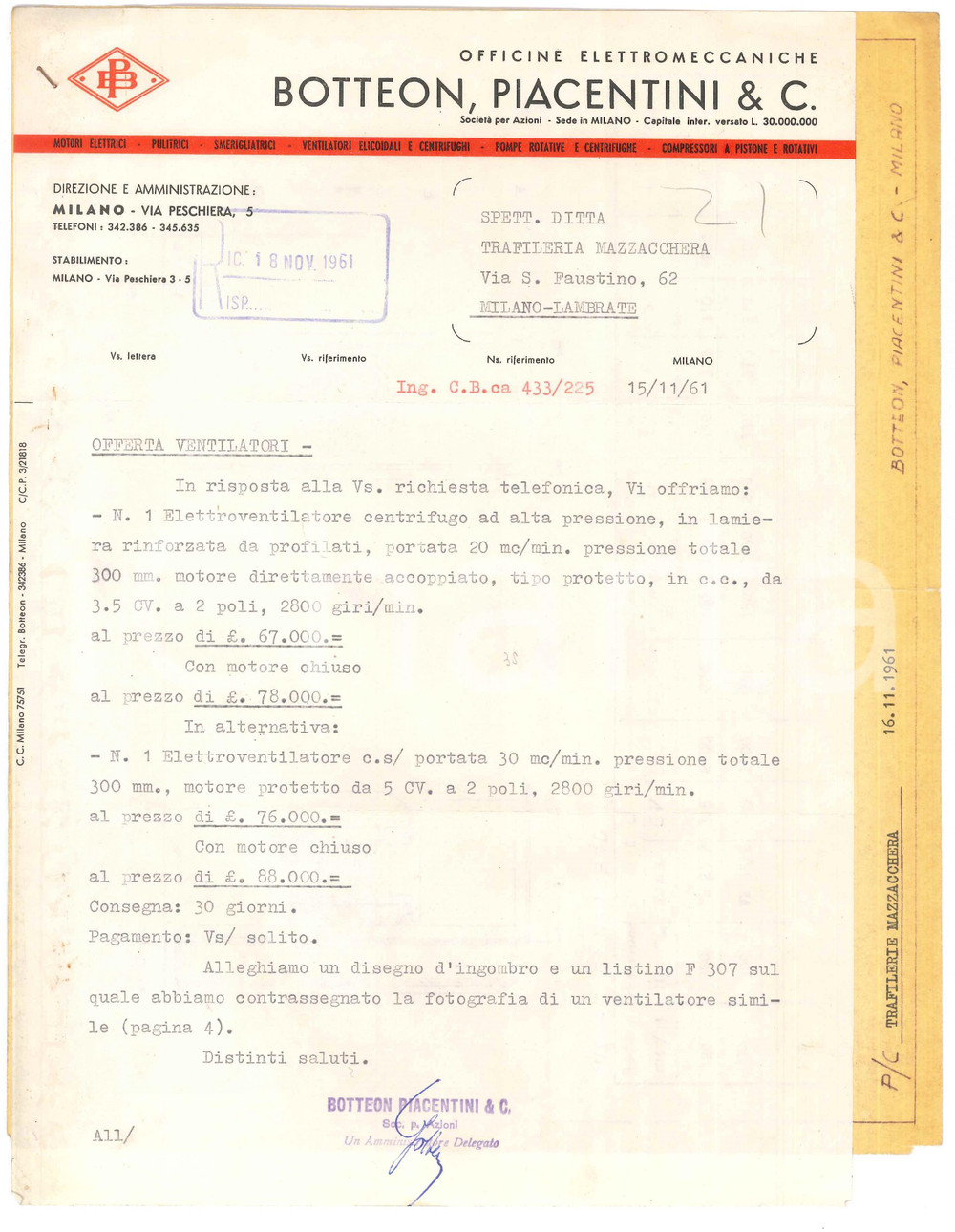 Documento originale, autentico 1961 MILANO  BOTTEON PIACENTINI Officine elettromeccaniche  Preventivo 1