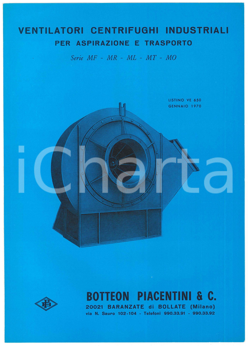 Materiale pubblicitario d’epoca 1970 BARANZATE Botteon Piacentini  Listino ventilatori industriali 1