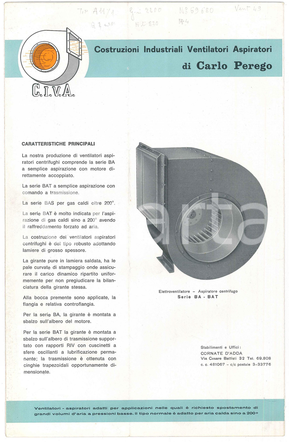Materiale pubblicitario d’epoca 1965 ca CORNATE D ADDA  CIVA Ventilatori e aspiratori Carlo PEREGO Catalogo 1