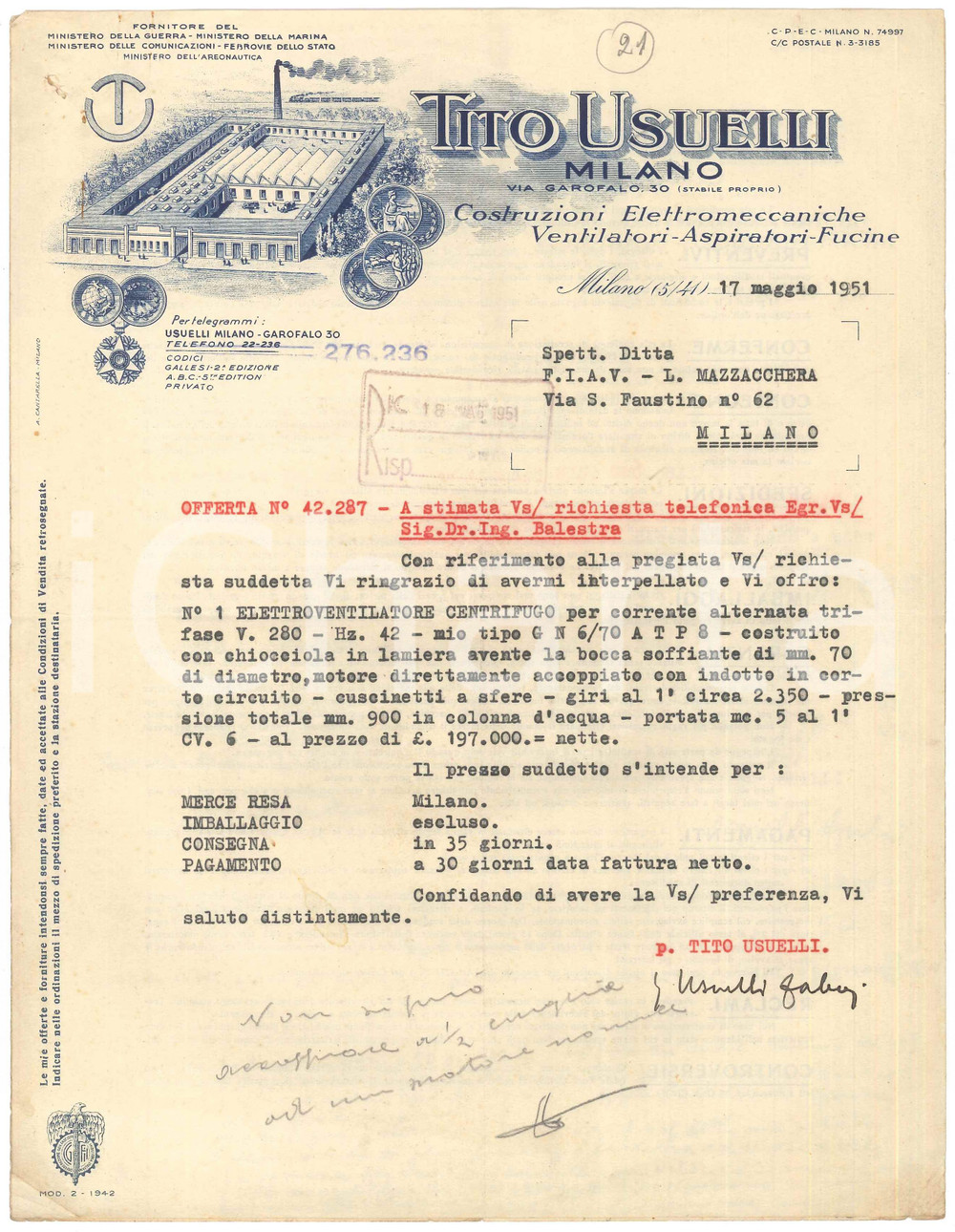 Documento originale, autentico 1951 MILANO Tito USUELLI Preventivo per elettroventilatore centrifugo 22x28 cm 1