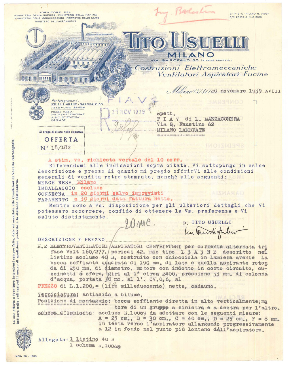 Documento originale, autentico 1939 MILANO Tito USUELLI Preventivo per elettroventilatori e aspiratori 22x28 cm 1
