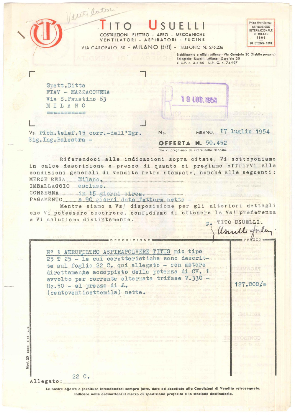 Documento originale, autentico 1954 MILANO Tito USUELLI Preventivo per aerofiltro aspirapolvere TITUS 21x29 cm 1