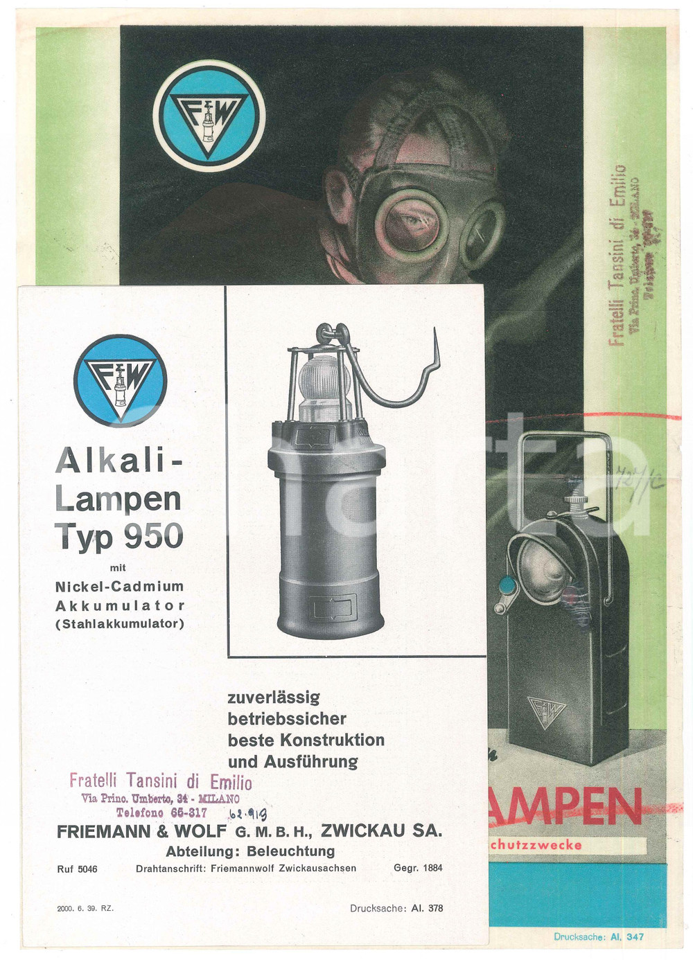 Materiale pubblicitario d’epoca 1939 ZWICKAU D FRIEMANN & WOLF  AlkaliLampen Typ 950 Volantino 1