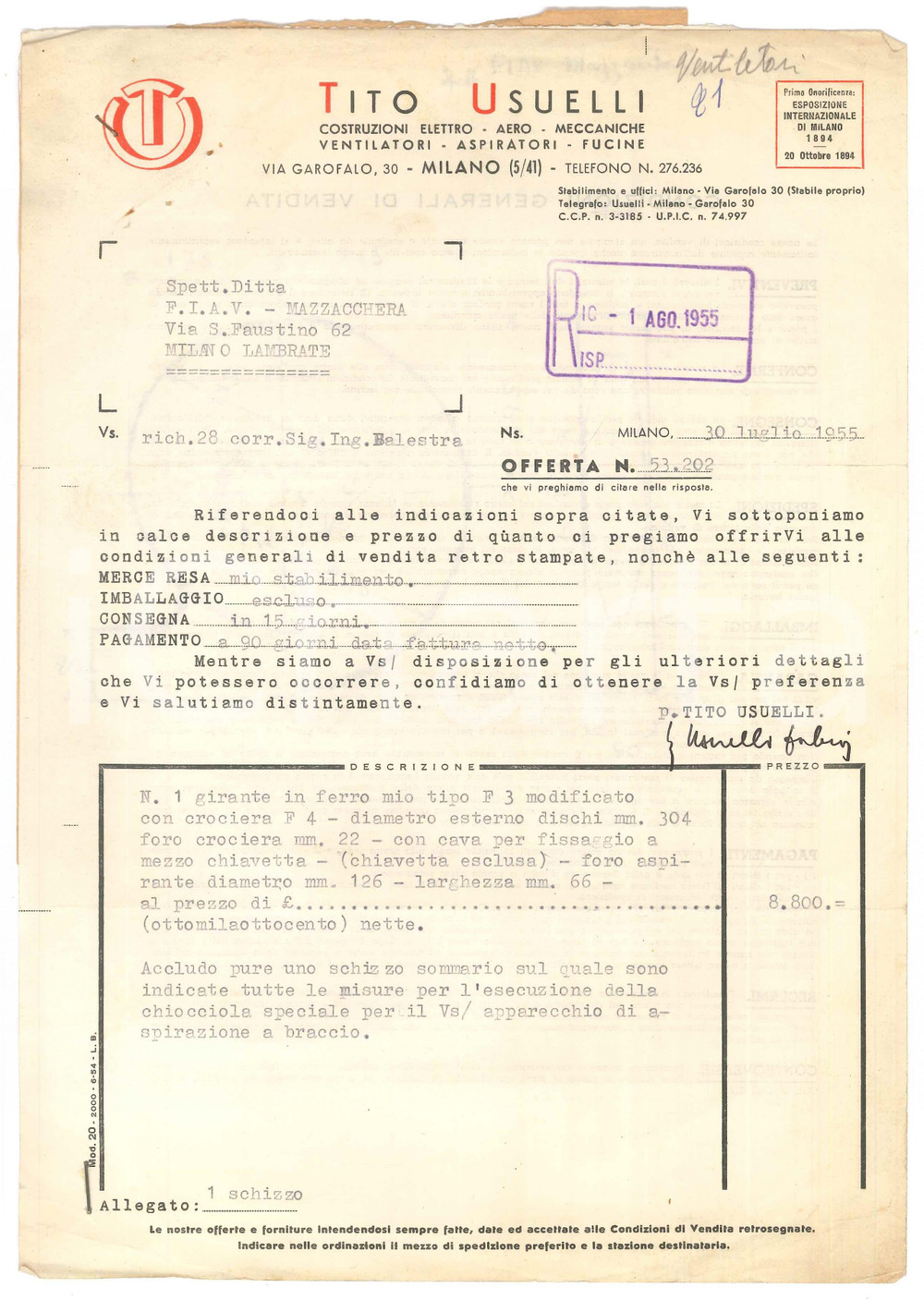 Documento originale, autentico 1955 MILANO Tito USUELLI Girante in ferro  Preventivo con disegno 21x29 cm 1