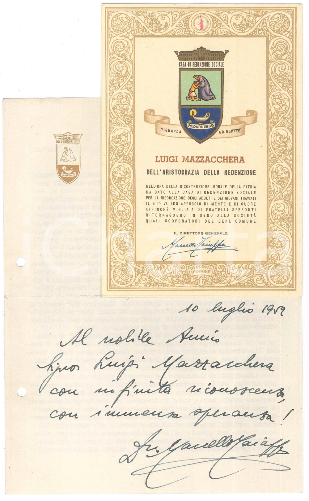 Autografo originale 1952 MILANO NIGUARDA Casa Redenzione Sociale  Marcello TAIAPPA Autografo 1