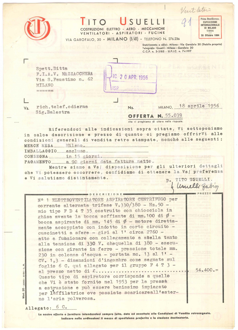 1956 MILANO Tito USUELLI Preventivo ventilatore a FIAV di MAZZACCHERA - LAMBRATE