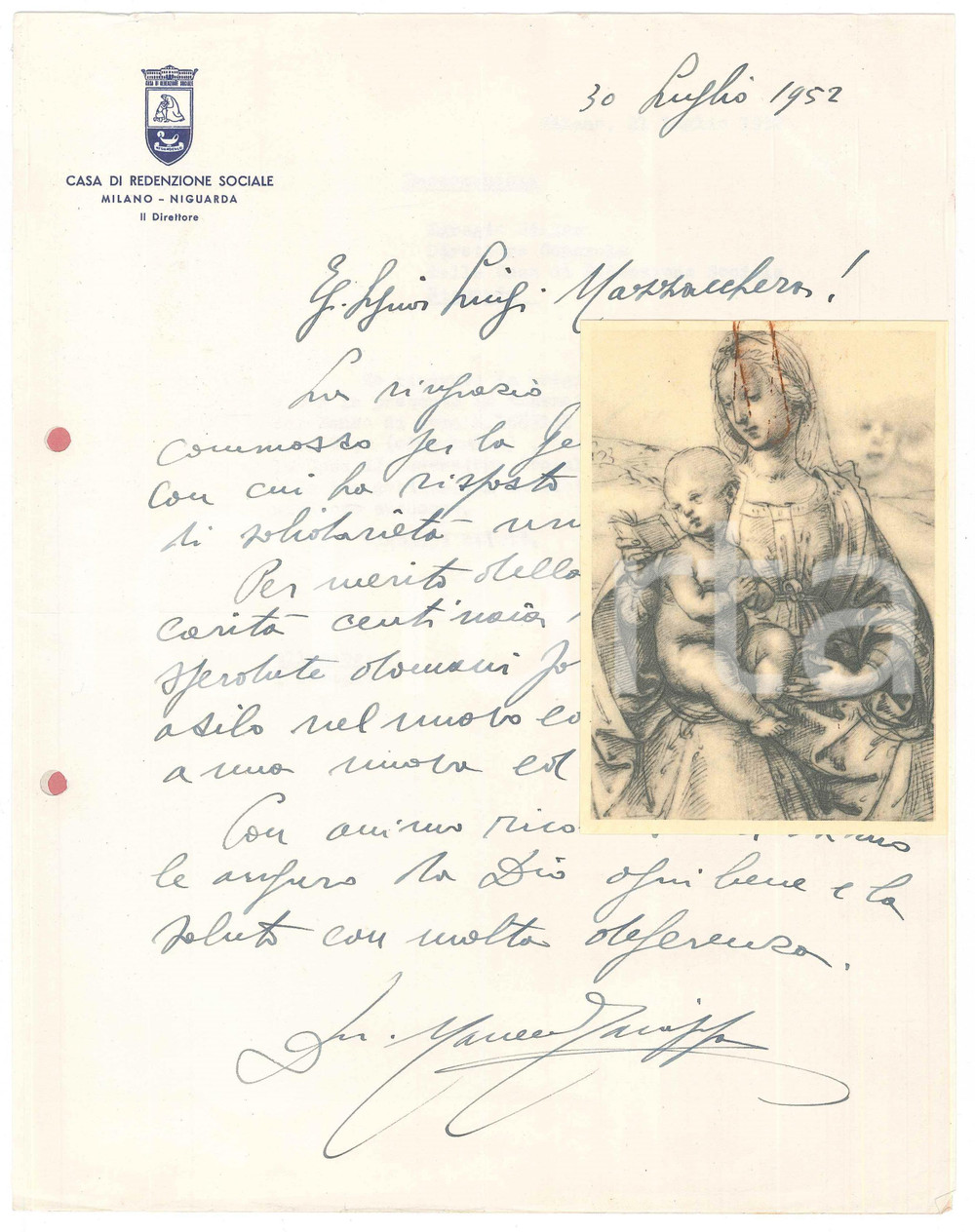 Autografo originale 1952 MILANO NIGUARDA Casa Redenzione Sociale Lettera Marcello TAIAPPA Autografo 1