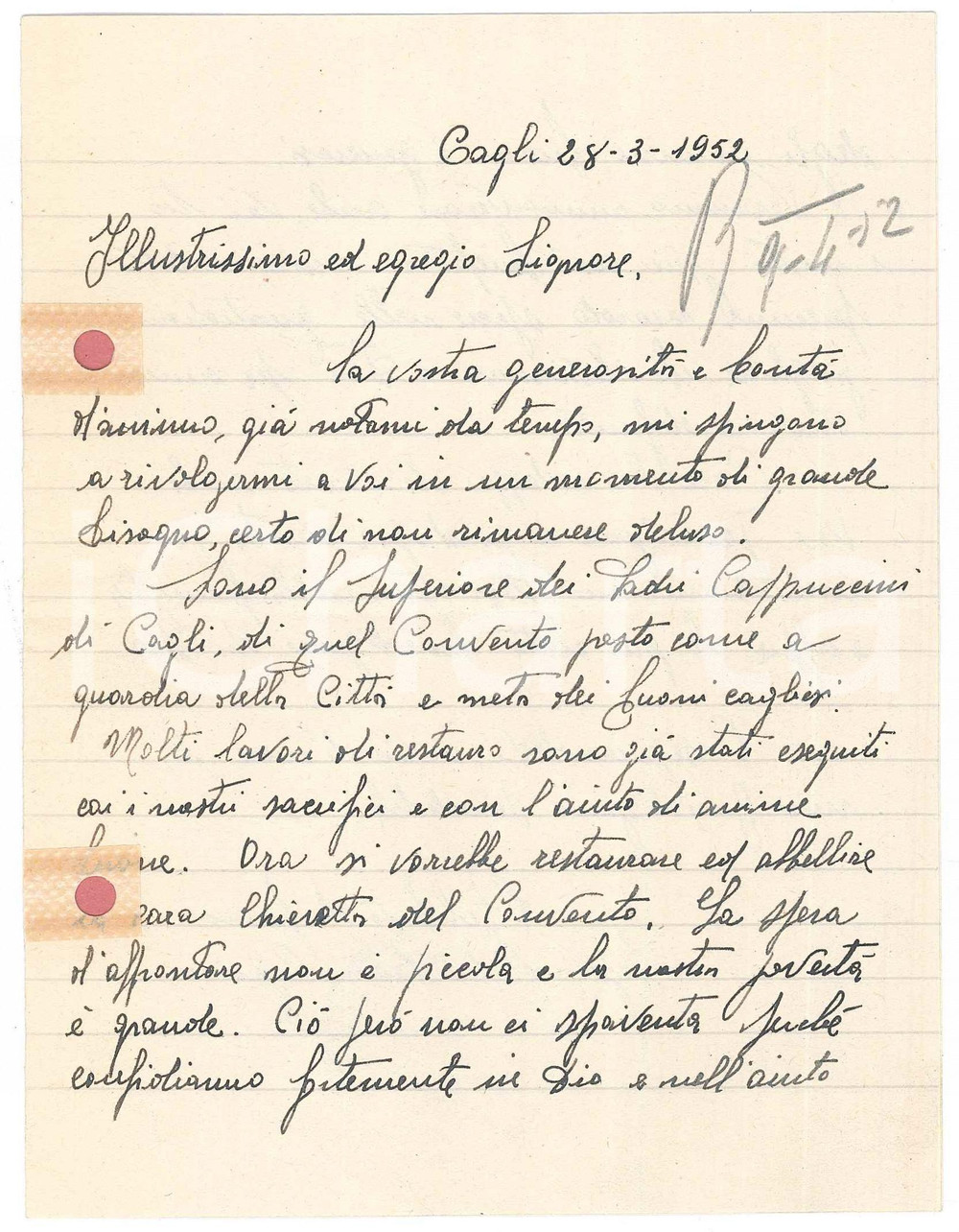 Autografo originale 1952 CAGLI Convento Cappuccini  Lettera padre Filiberto da Fermo AUTOGRAFO 1