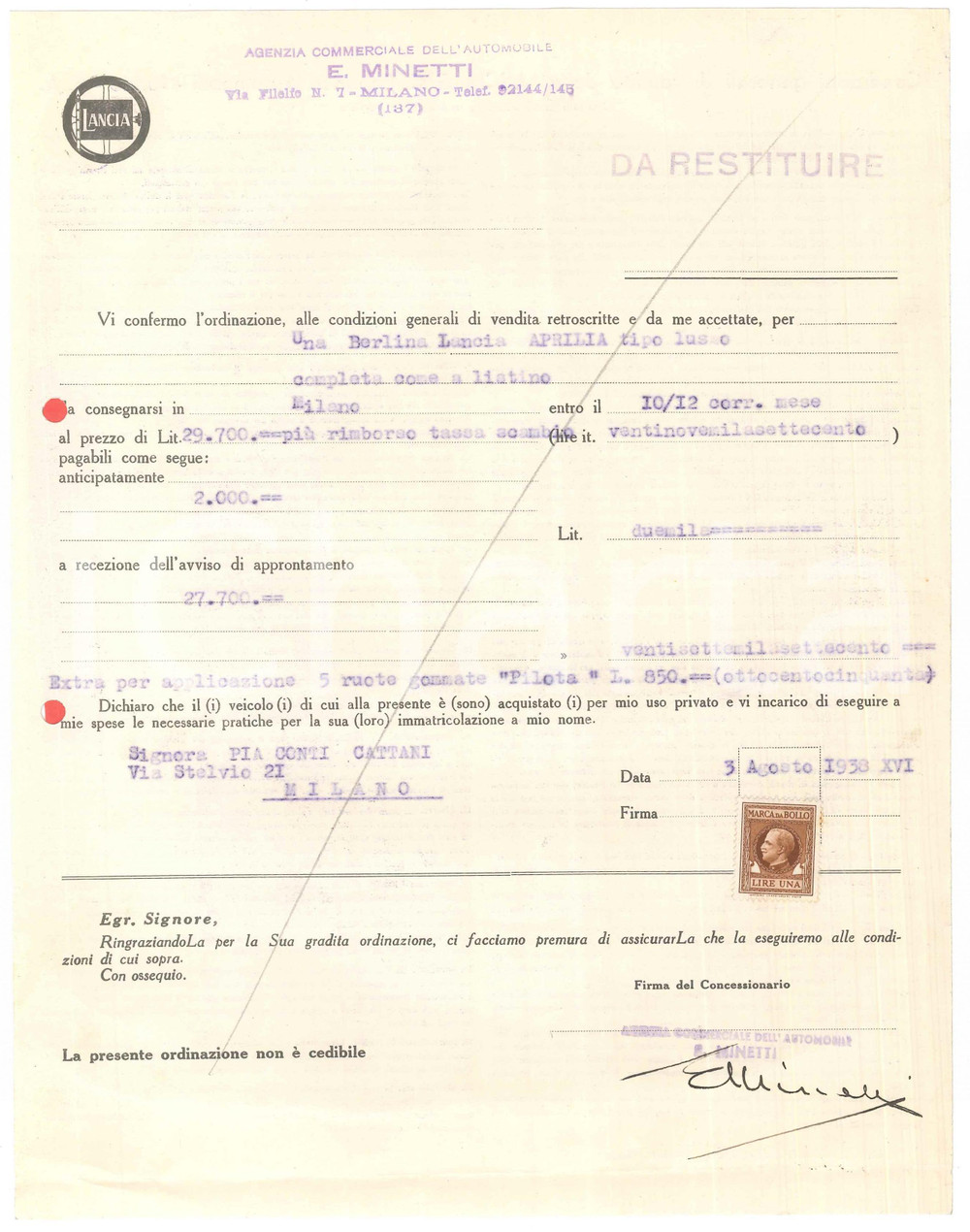 Documento originale, autentico 1938 MILANO  LANCIA  Concessionaria E. MINETTI  Ordine berlina APRILIA lusso 1