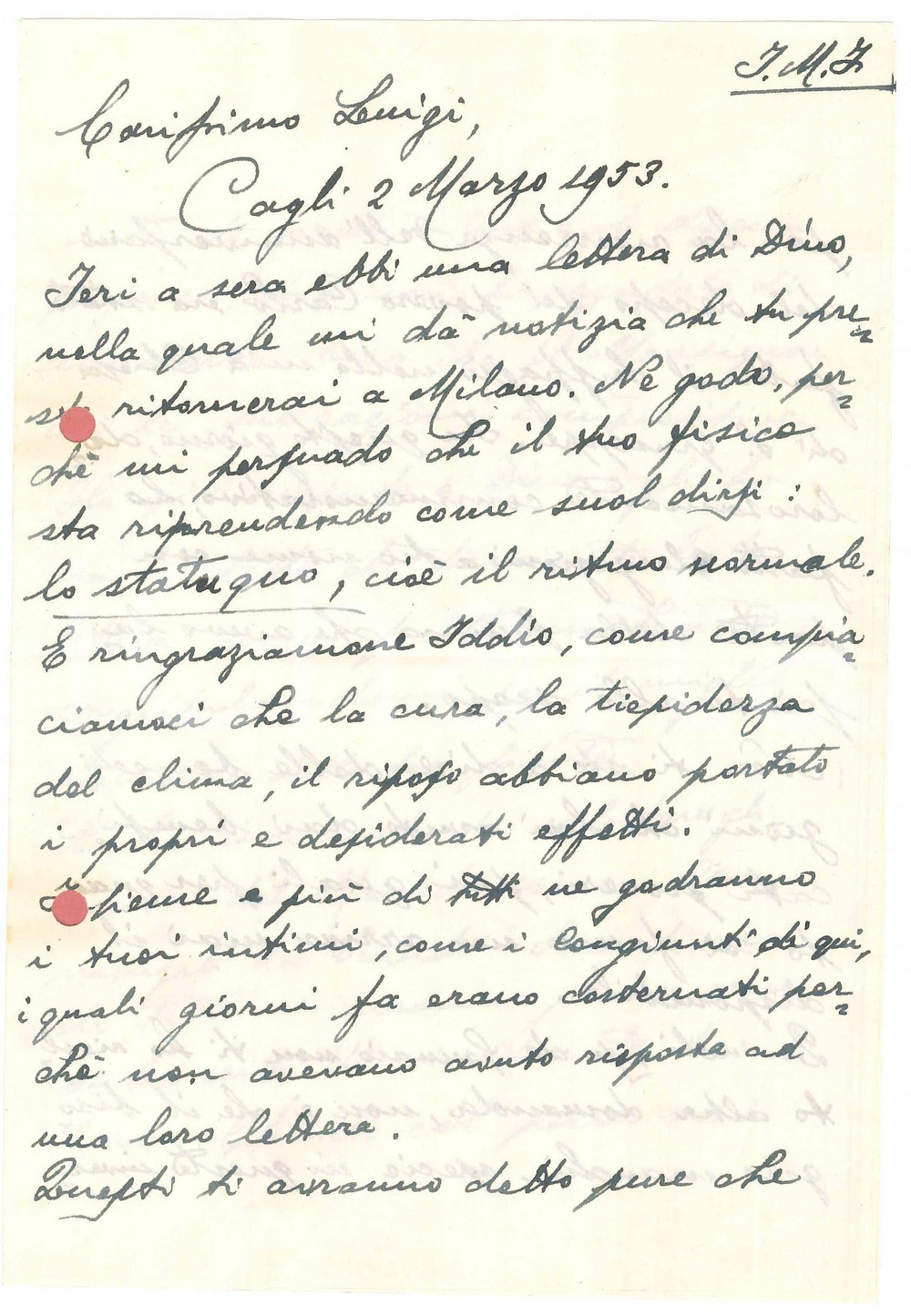 Autografo originale 1953 CAGLI Lettera mons. Pietro GROSSI a un benefattore  Autografo 1