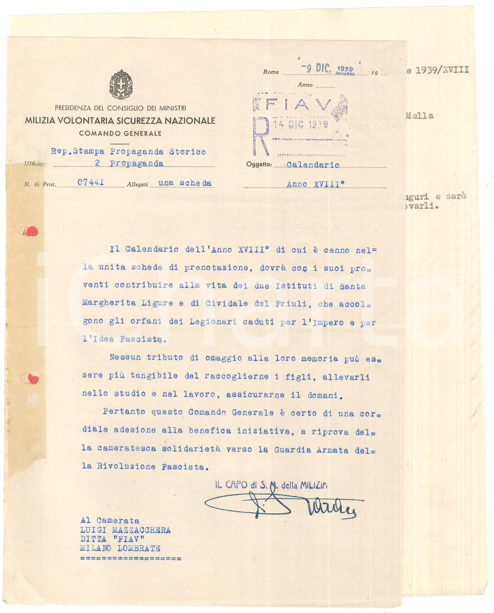 Documento originale, autentico 1939 ROMA MVSN  PROPAGANDA  Lettera su calendario pro orfani dei legionari 1