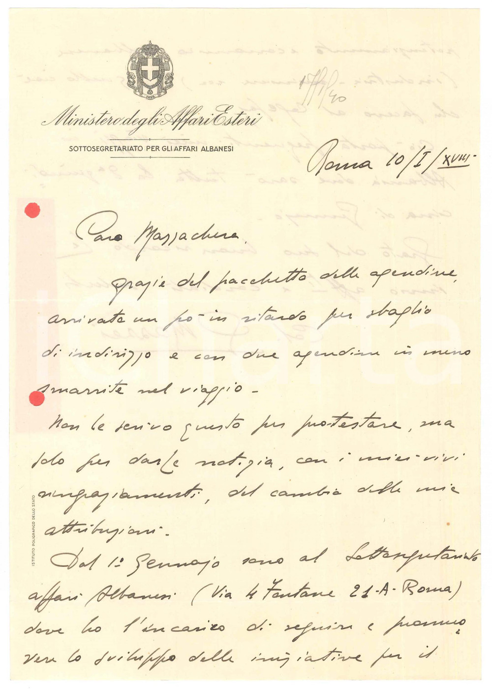 1940 ROMA Lettera Gualtiero MAZZEI Sottosegretario Affari Albanesi *Autografo