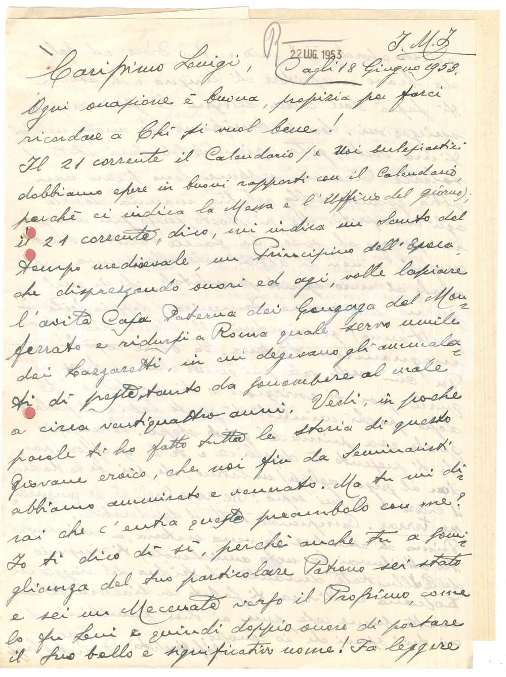 Autografo originale 1952 CAGLI Mons. Pietro GROSSI in lode di S. Luigi Gonzaga Autografo 1