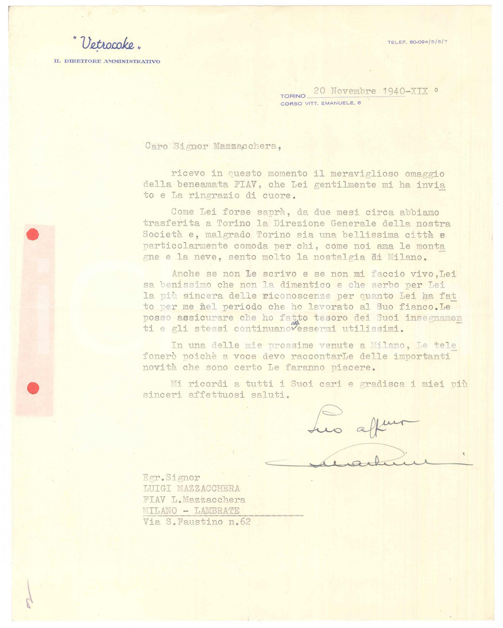 Manoscritto, lettera originale 1940 TORINO Corso Vittorio Emanuele  VETROCOKE Lettera direttore amministrativo 1