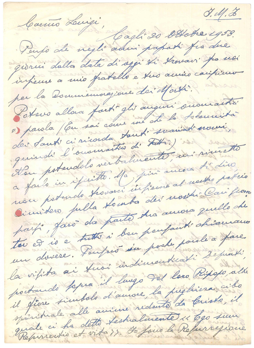 Autografo originale 1953 CAGLI Lettera mons. Pietro GROSSI  Commemorazione Defunti Autografo 1